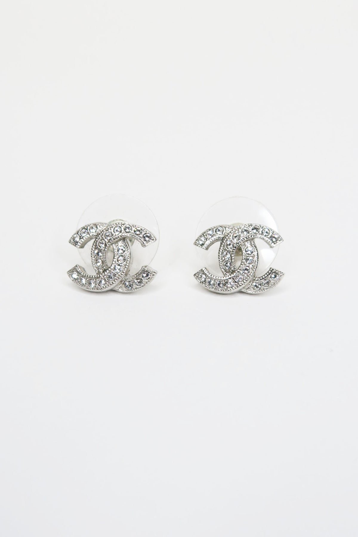 Chanel Silver Crystal CC Earrings