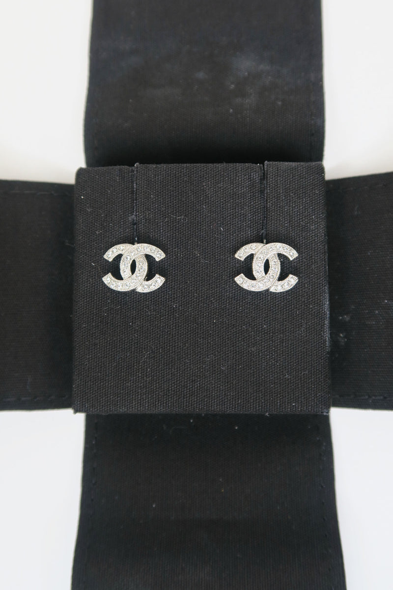 Chanel Silver Crystal CC Earrings