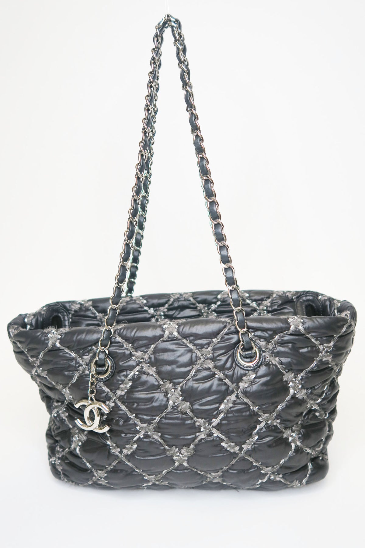 Chanel Tweed on Stitch Zip Tote Quilted Nylon Small