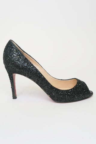 Christian Louboutin Leather Glitter Accents Pumps sz 37.5 - Designer Pumps at The Find Luxury Resale - Vancouver, Canada