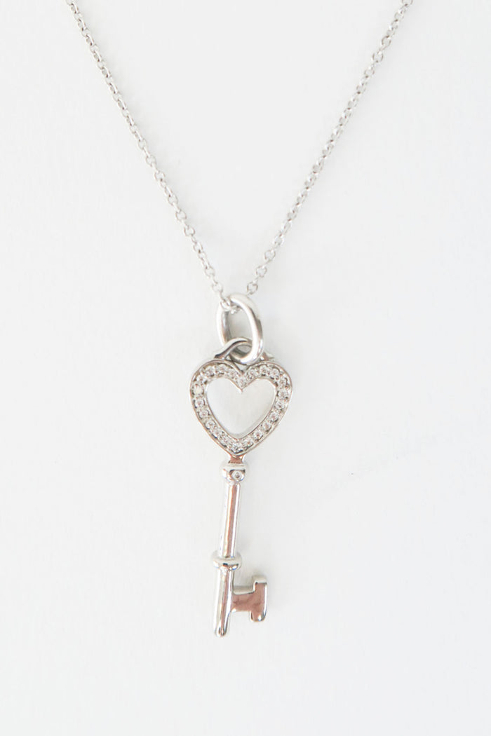 Tiffany & Co. 18K Diamond Heart Key Pendant Necklace