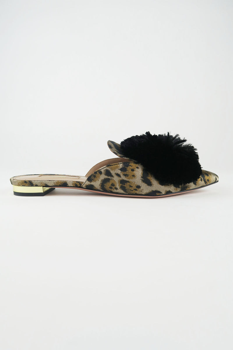 Aquazzura Animal Print Pom-Pom Embellishments Mules sz 35