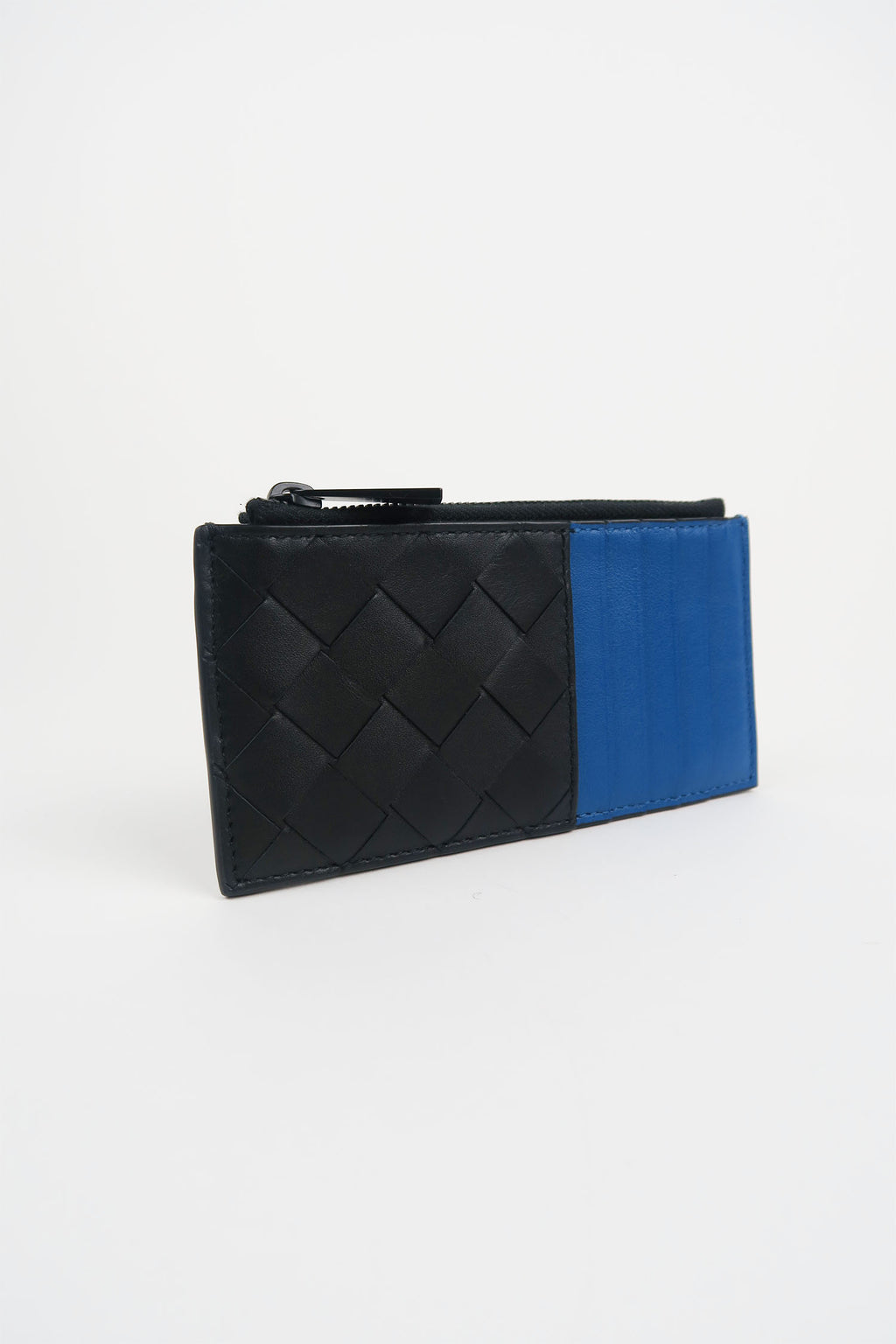 Bottega Veneta Black/Blue Intrecciato Zipper Card Holder