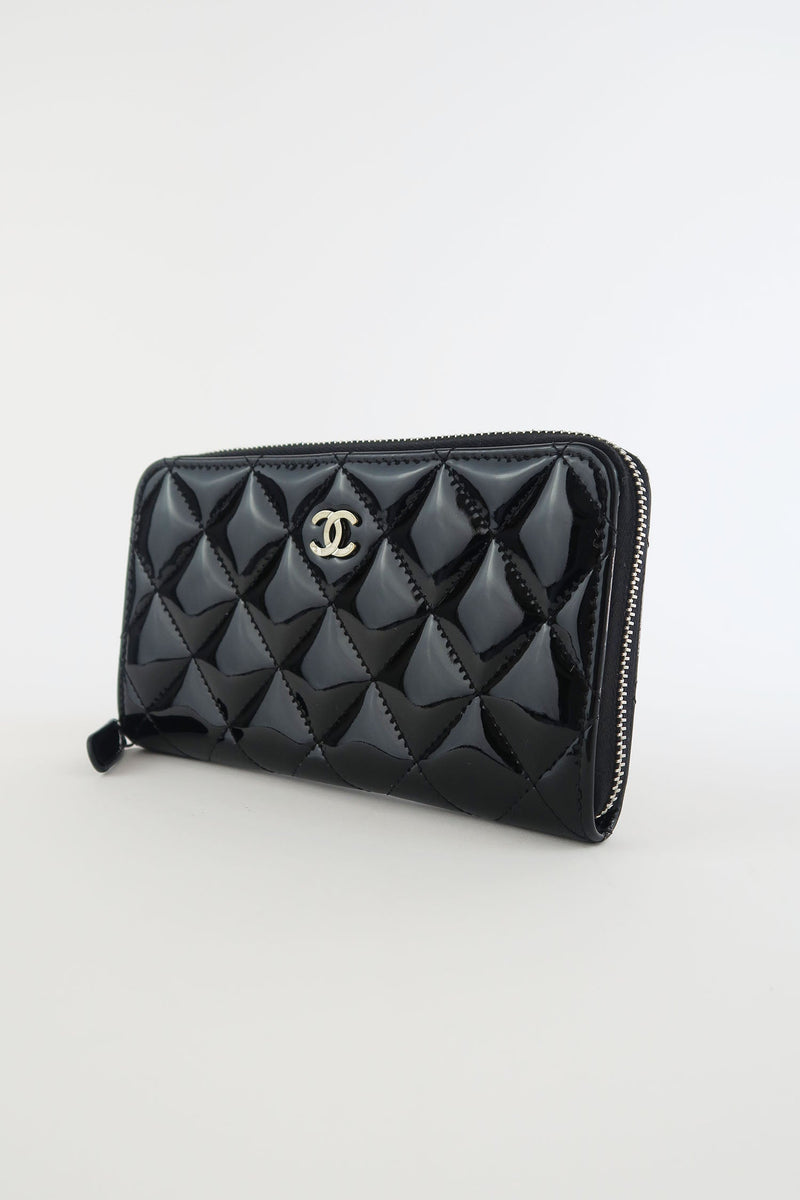 Chanel Black Quilted Patent Leather CC Zip Around Organizer Wallet Chanel
