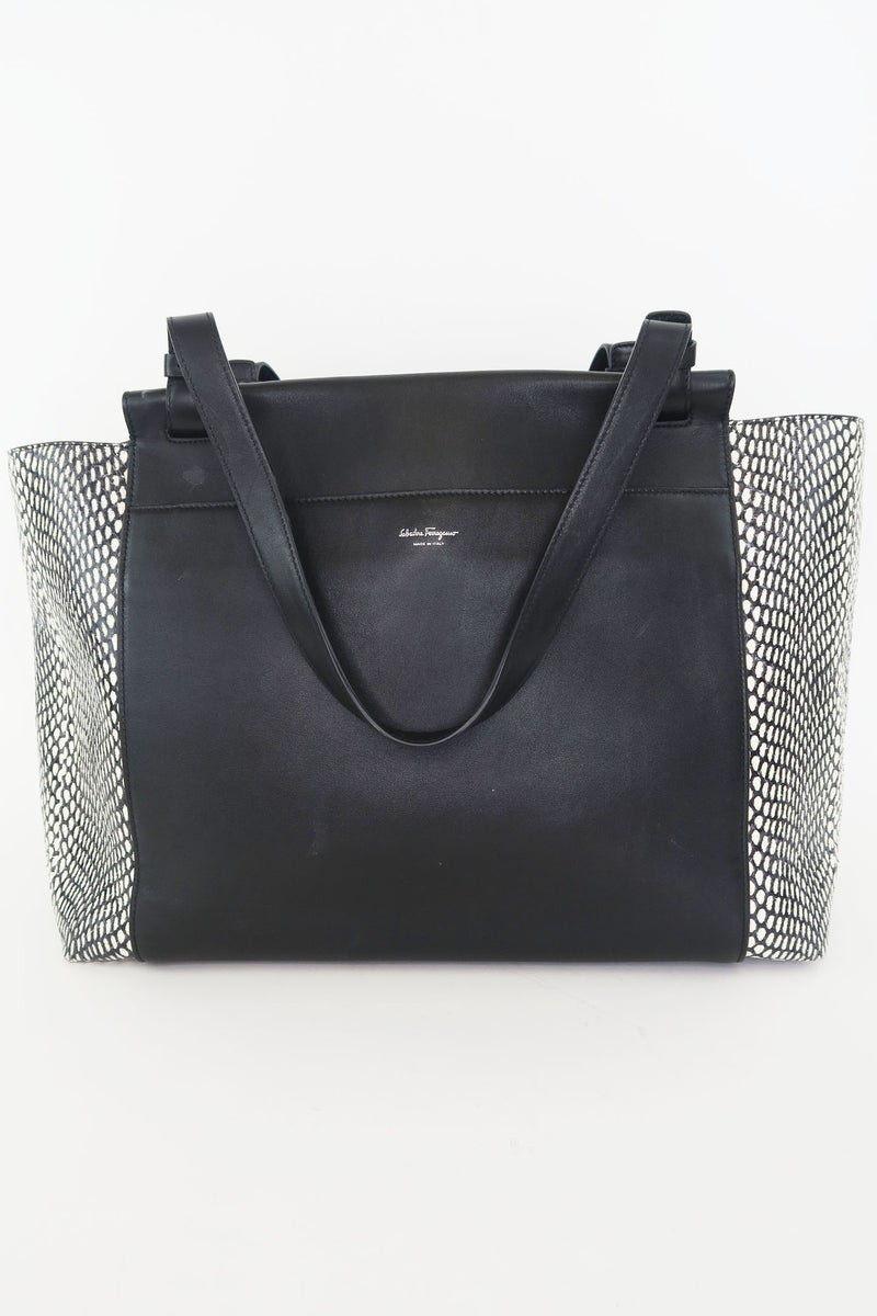 Salvatore Ferragamo Python-Trimmed Leather Tote Bag
