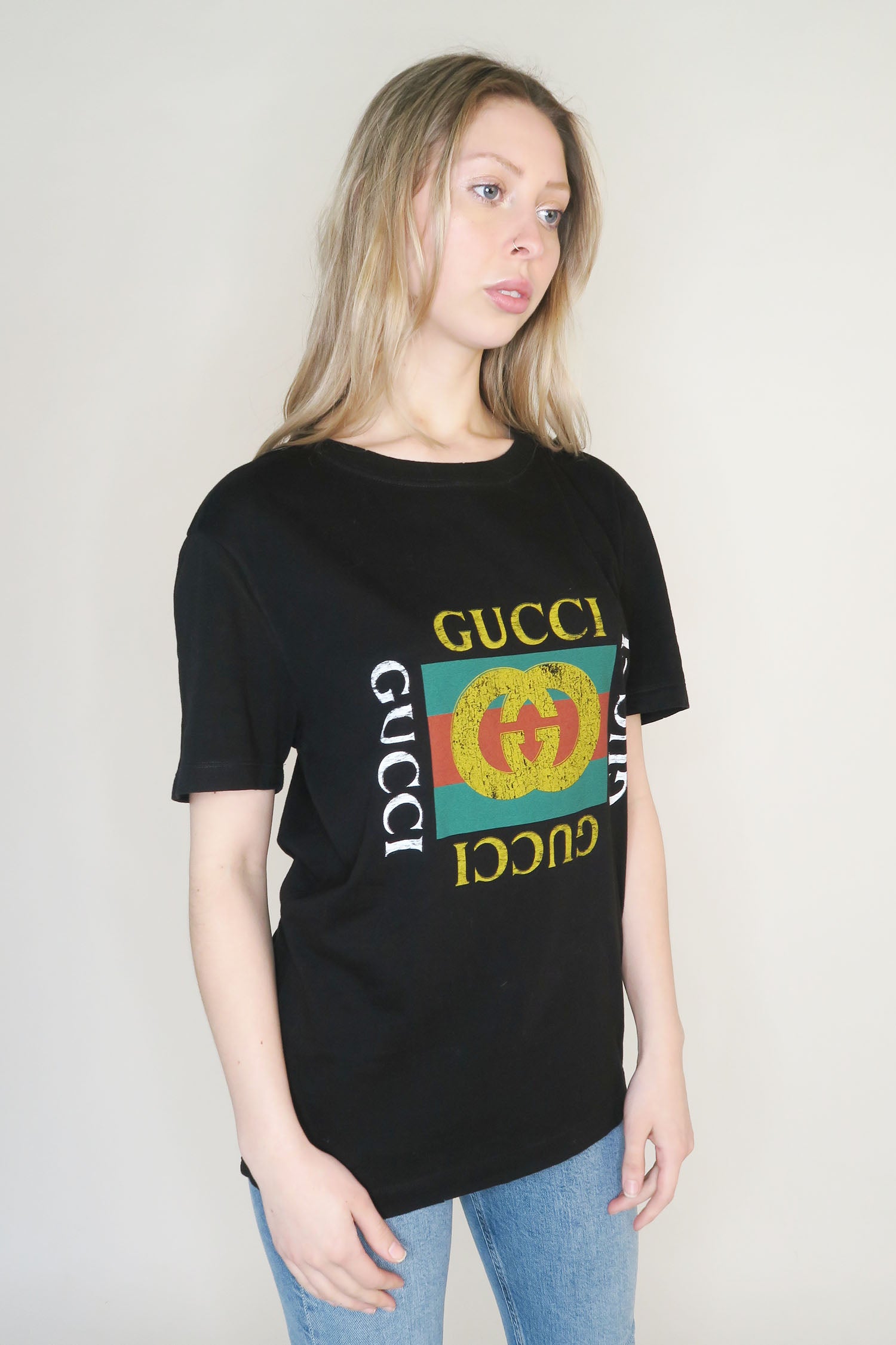 Gucci Distressed Logo T Shirt sz XS The Find Studio