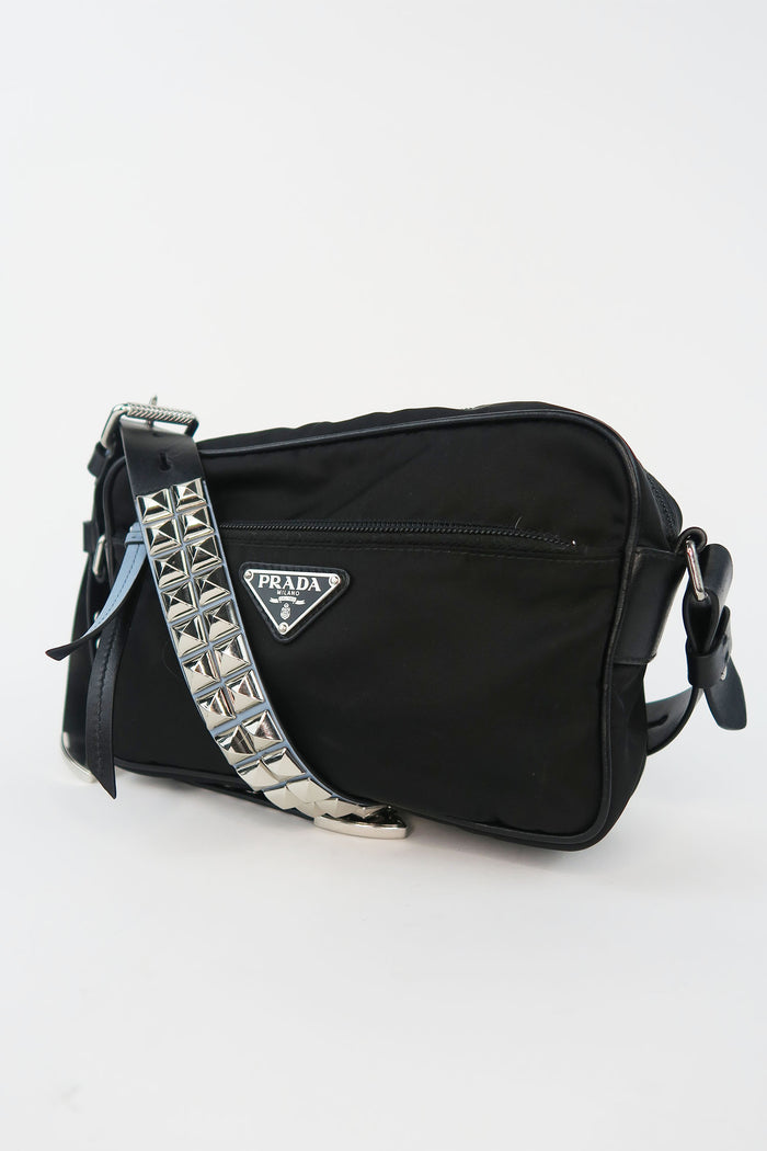 Prada Black Tessuto Studded Camera Bag