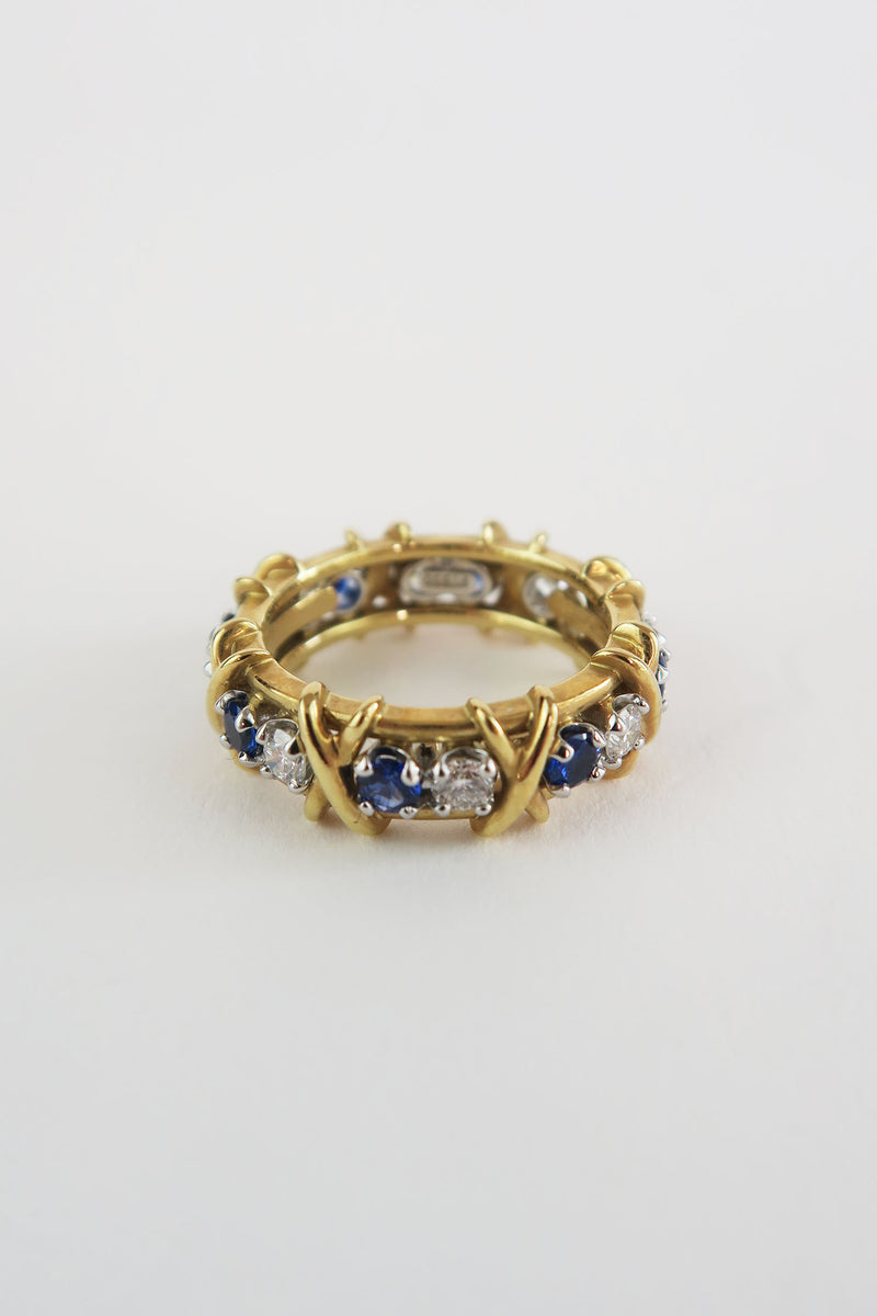Tiffany & Co. Gold Sapphire & Diamond Ring 16 Stones